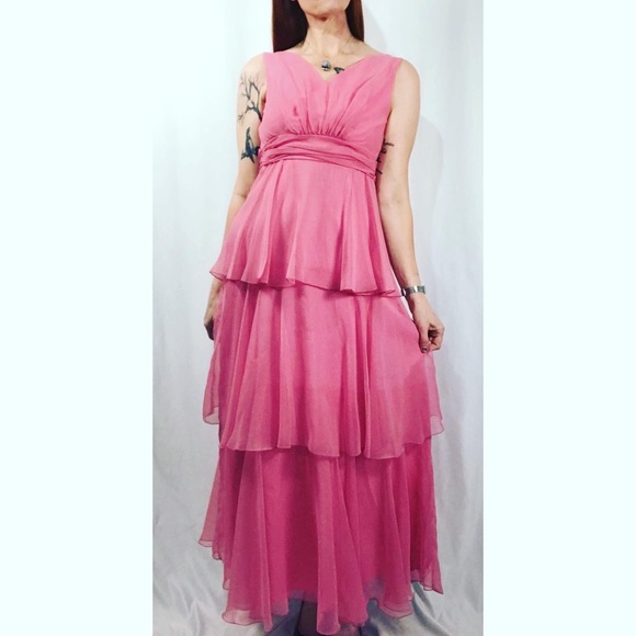 Sold—Vintage Pink Chiffon Empire Waist Maxi Dress with Matching Chiffon Cape - Picture 6 of 17